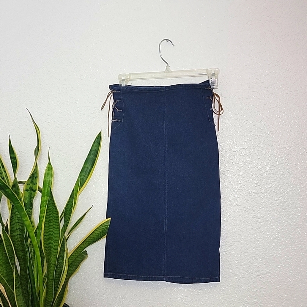 VINTAGE 90S STRETCHY JEAN PENCIL SKIRT size 0 XS Tie sides and slit back